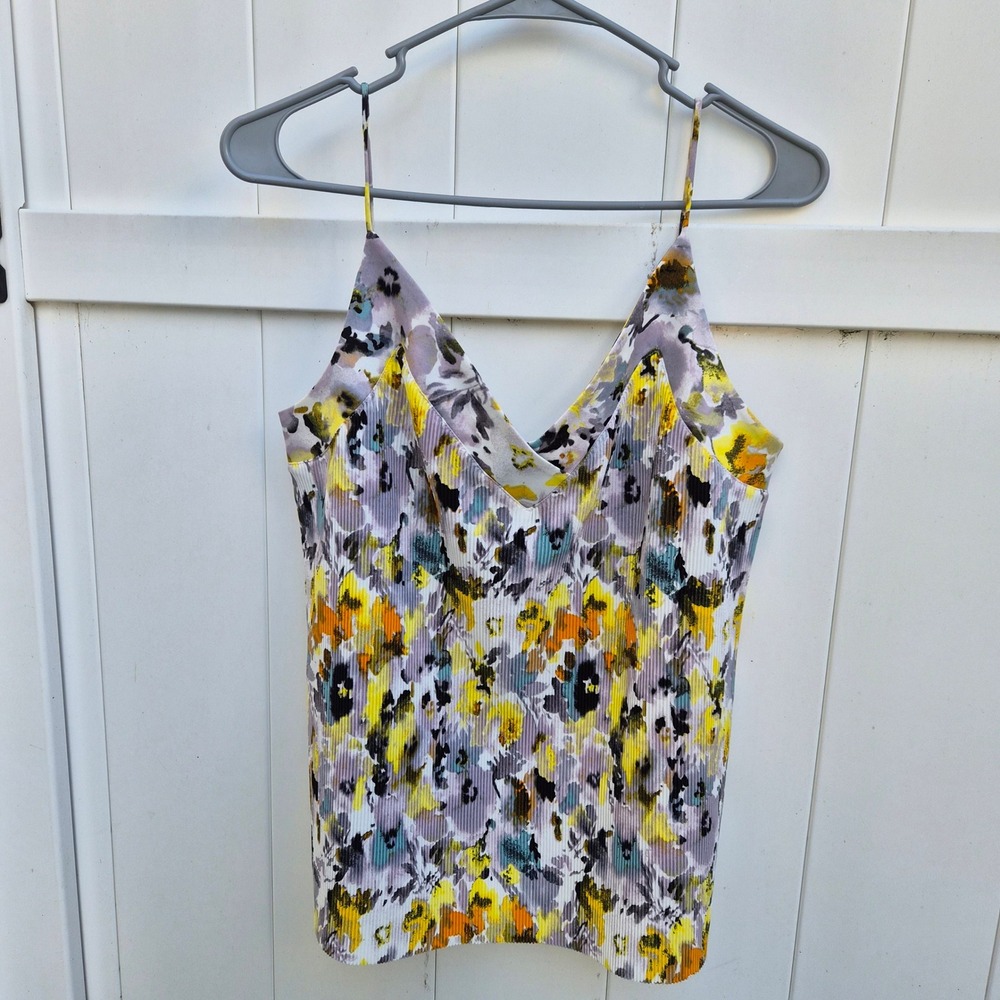S.Oliver Yellow Abstract Floral‎ Plisse V-Neck Camisole Top US 8 Festival Boho